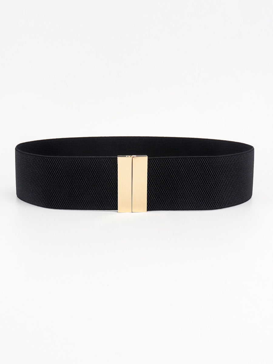 Black elastic belt with wide gold clasp detail