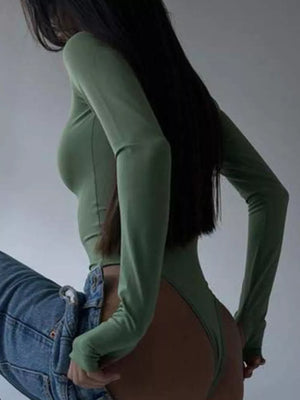 Light green long sleeve slim-fit bodysuit with a high-cut leg
