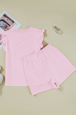 Pink bow print t-shirt with ruffled short sleeves and matching shorts