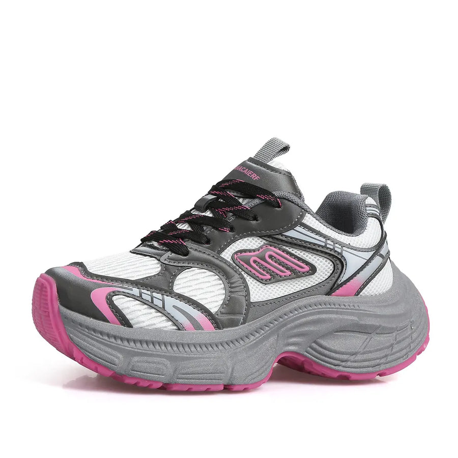 Chunky retro runner sneakers in white with hot pink and grey accents and a thick sole.
