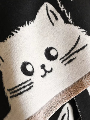 Black and white reversible cat pattern scarf with fringe detail