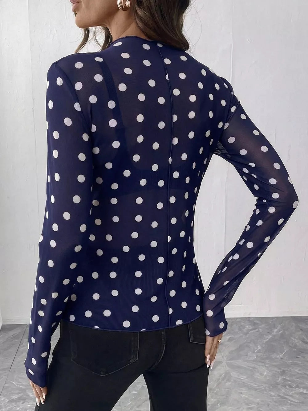 Sheer Polka Dot Long Sleeve Mock Neck Top in black