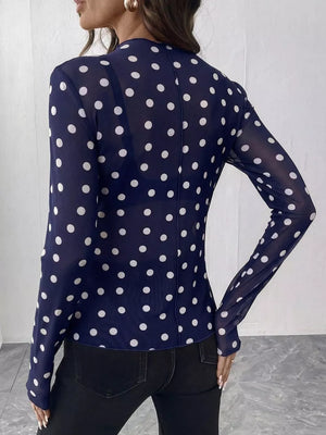 Sheer Polka Dot Long Sleeve Mock Neck Top in black