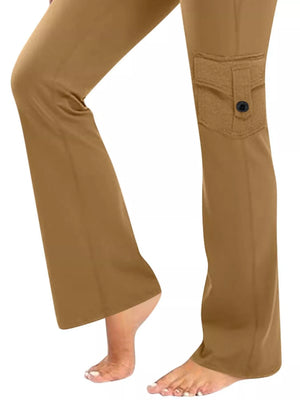 Khaki flared yoga pants with a cargo pocket detail and button closure.