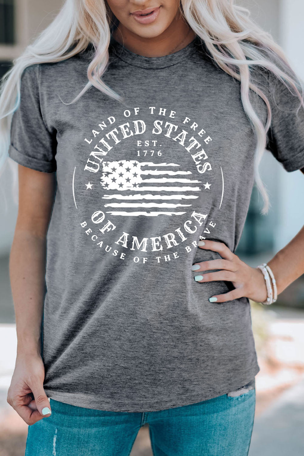 Mid Gray cotton crew neck tee with distressed US flag graphic and "Land of the Free United States of America" text.