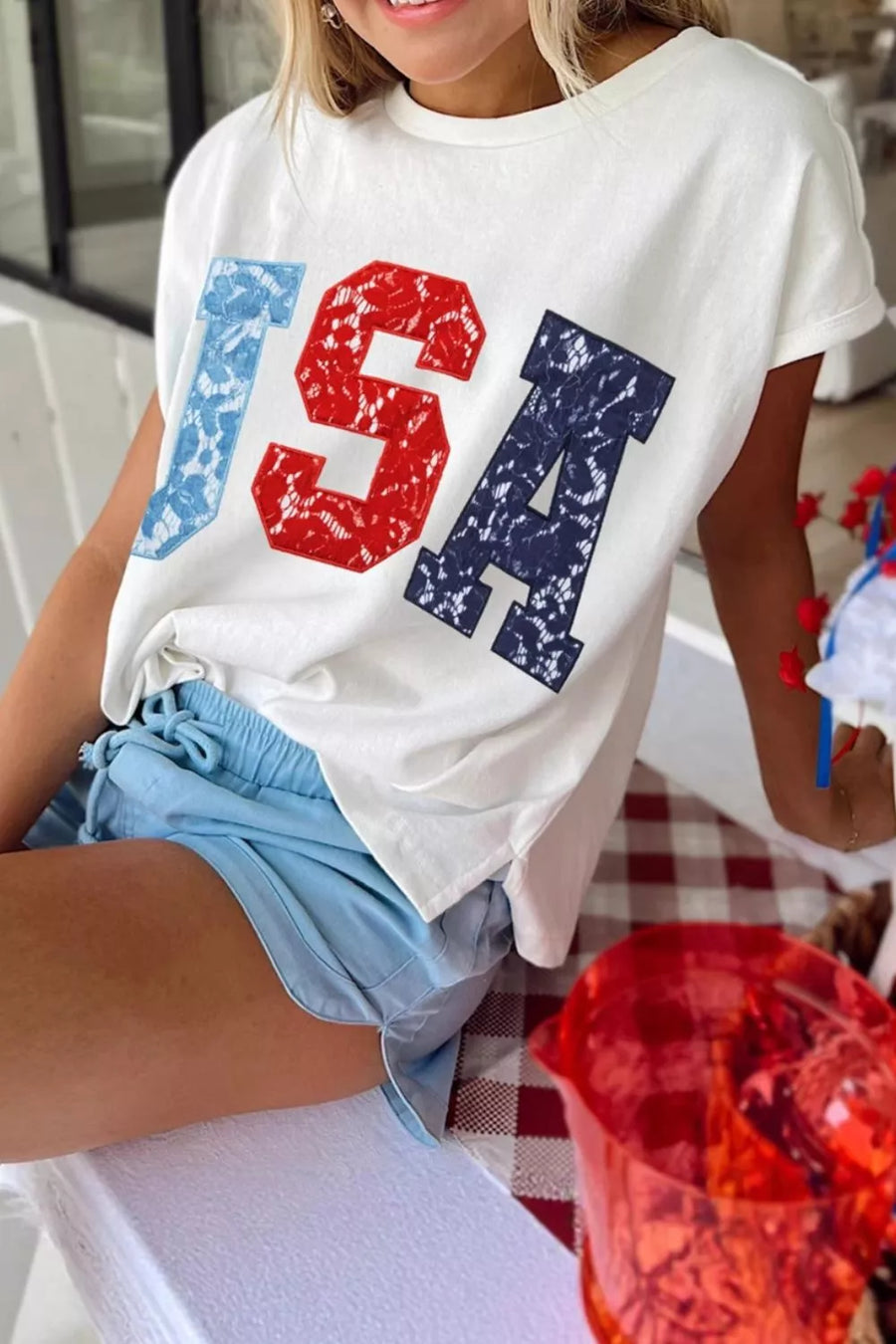 Usa graphic dolman t-shirt with lace accents