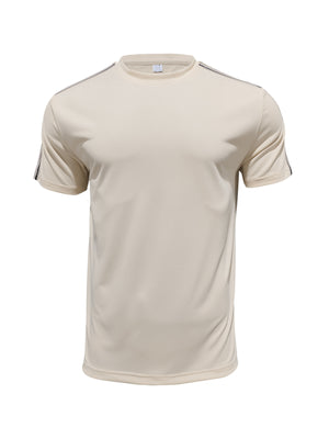 Men's apricot cotton crew neck t-shirt with sporty shoulder stripes