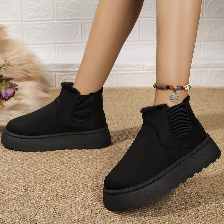 Black suede round toe platform ankle boots with fur trim and elastic side panels.