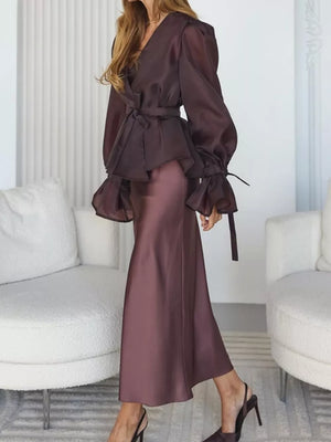 Champagne Color two-piece set with ruffled and flounce sleeve