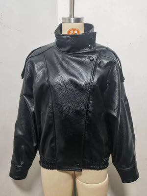 Brown with Zip-up Faux Leather Moto Jacket