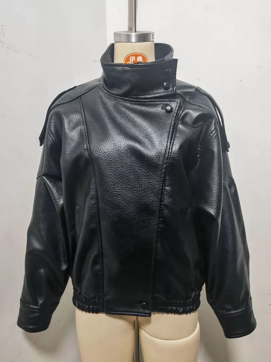 Brown with Zip-up Faux Leather Moto Jacket
