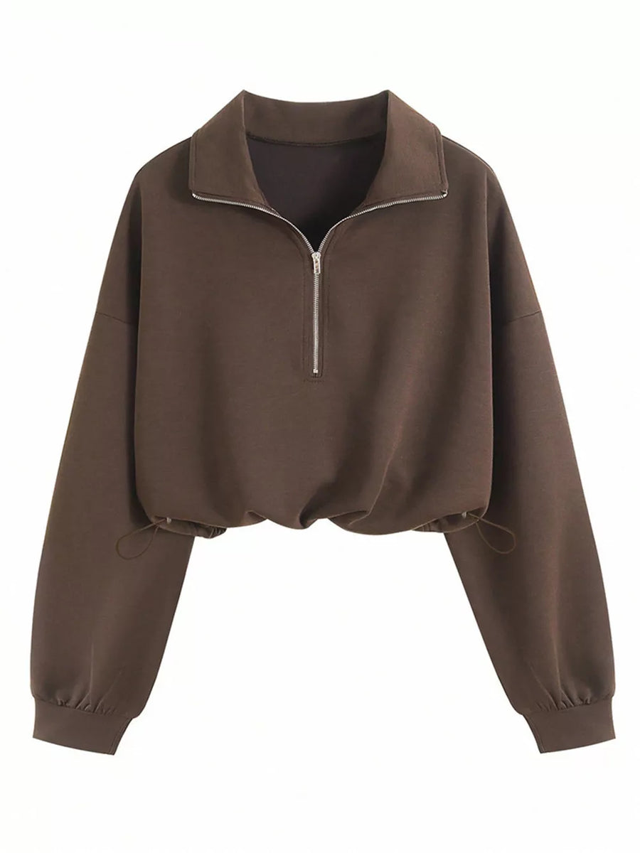 Half Zip Drawstring Hem Sweatshirt in cream with drawstring hem