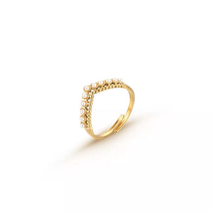 Gold adjustable ring with delicate pearl embellishments in a chevron design.