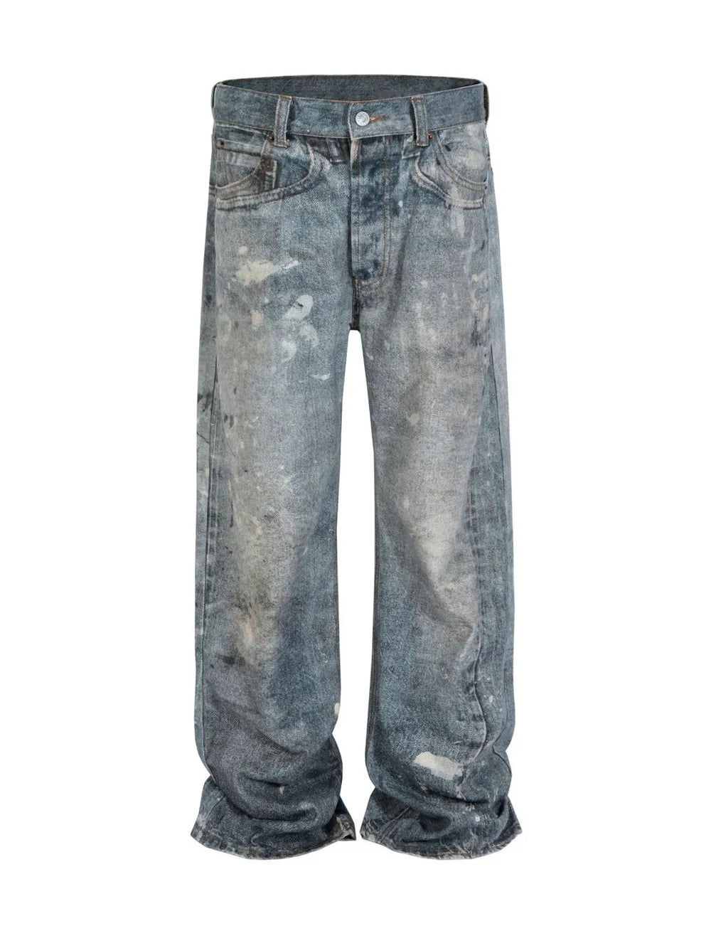 Artisan distressed wide-leg jeans in medium wash denim with paint splatters.