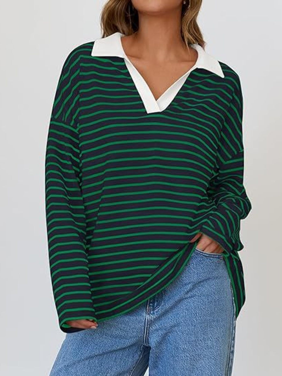Oversized striped long-sleeve sweatshirt in green and dark blue with a white collar.