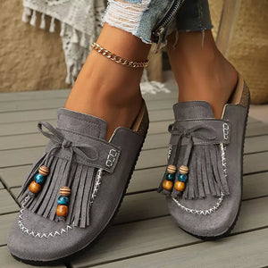 Tassel Round Toe Slip-ons in Gray