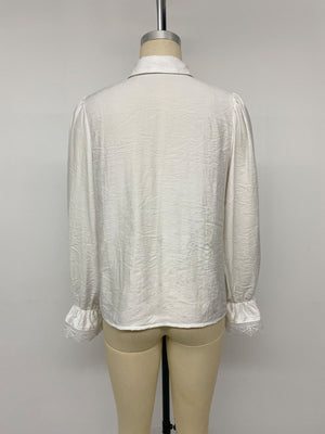 Lace-Trimmed Button-Down Shirt in White with buttoned