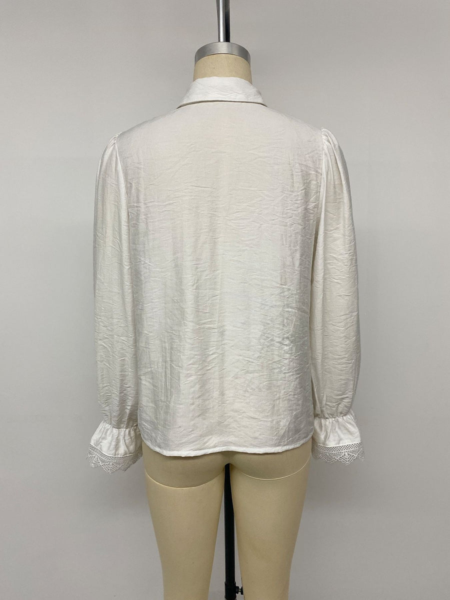 Lace-Trimmed Button-Down Shirt in White with buttoned