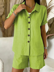 Dark Green Full Size Button-up Shirt And Shorts Set Plus Size