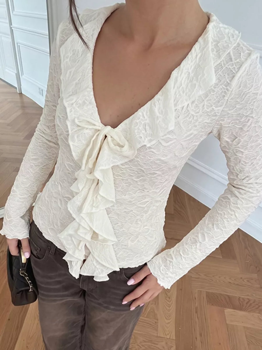 Ruffled Long-sleeve Tie-front Blouse in this colorway