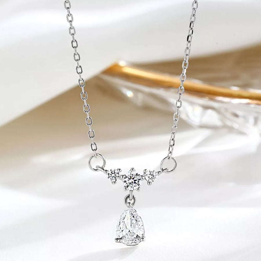 925 sterling silver,Zircon Care instructions: Avoid wearing during exercise, as necklace in clear with teardrop silhouette