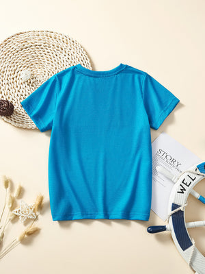 Toddler blue crew neck t-shirt with playful shark print on front.