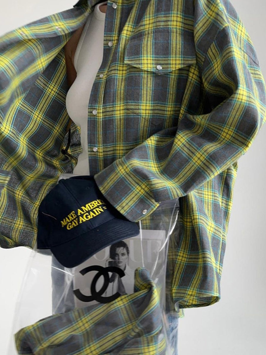 Green button-down shirt with hip-length and button-front
