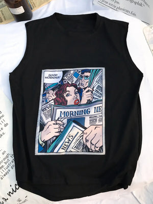 Black men's graphic comic print tank top with a crew neck.