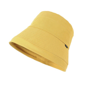 Yellow cotton bucket hat with a wide brim and stitched details.