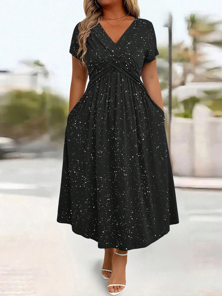 black midi dress with polka dot and v-neck
