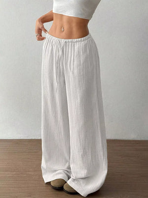 Deep Red Wide-leg Drawstring Cotton Pants