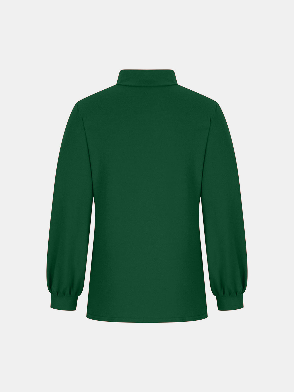 Dark green mock neck puff sleeve top with button back detail