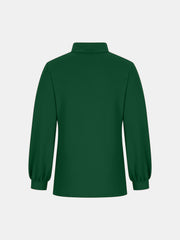 Dark green mock neck puff sleeve top with button back detail