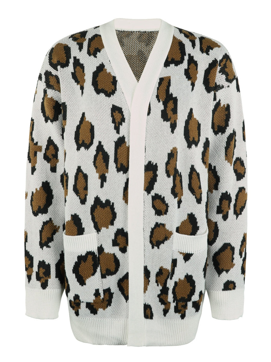 White leopard print knit open-front cardigan with pockets