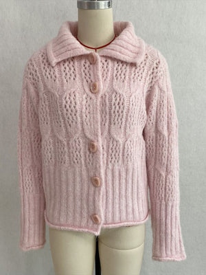 blush pink cardigan with hip-length and button-front
