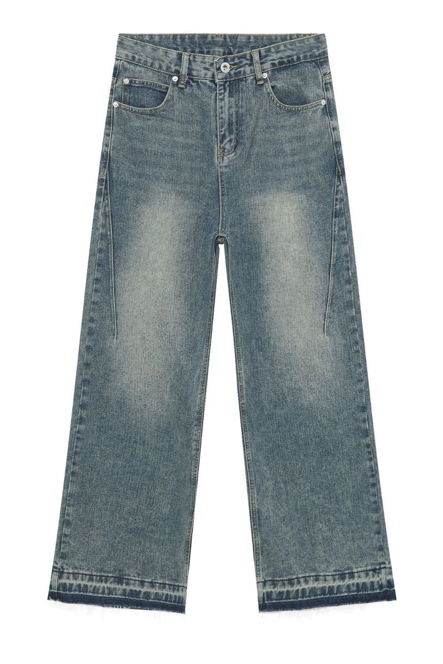 Distressed wide-leg denim jeans in medium wash with a raw hem.