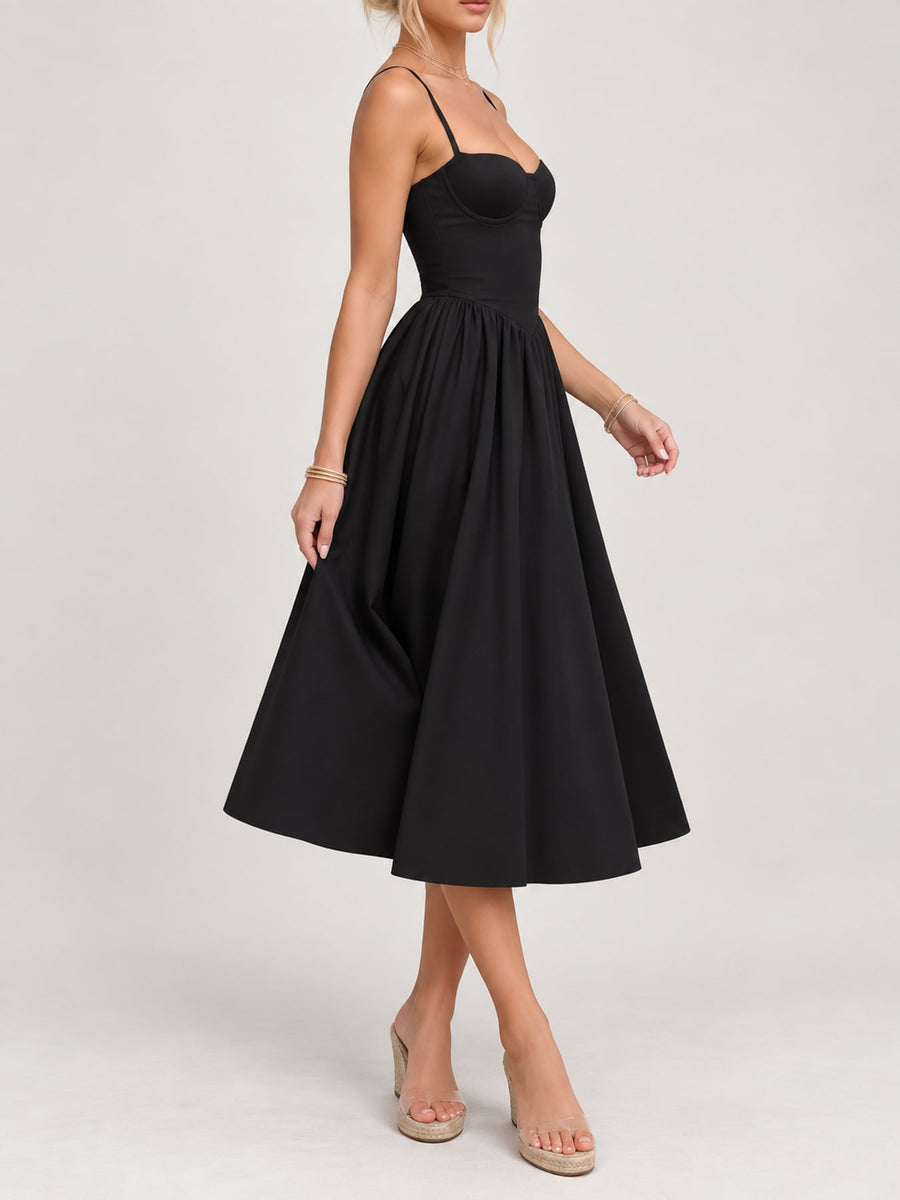 Blue midi dress with seam detail and spaghetti strap