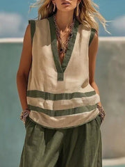 Army Green Striped Sleeveless Top And Wide-leg Pants Set