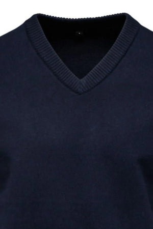 Navy ribbed knit V-neck sweater with ribbed collar detail