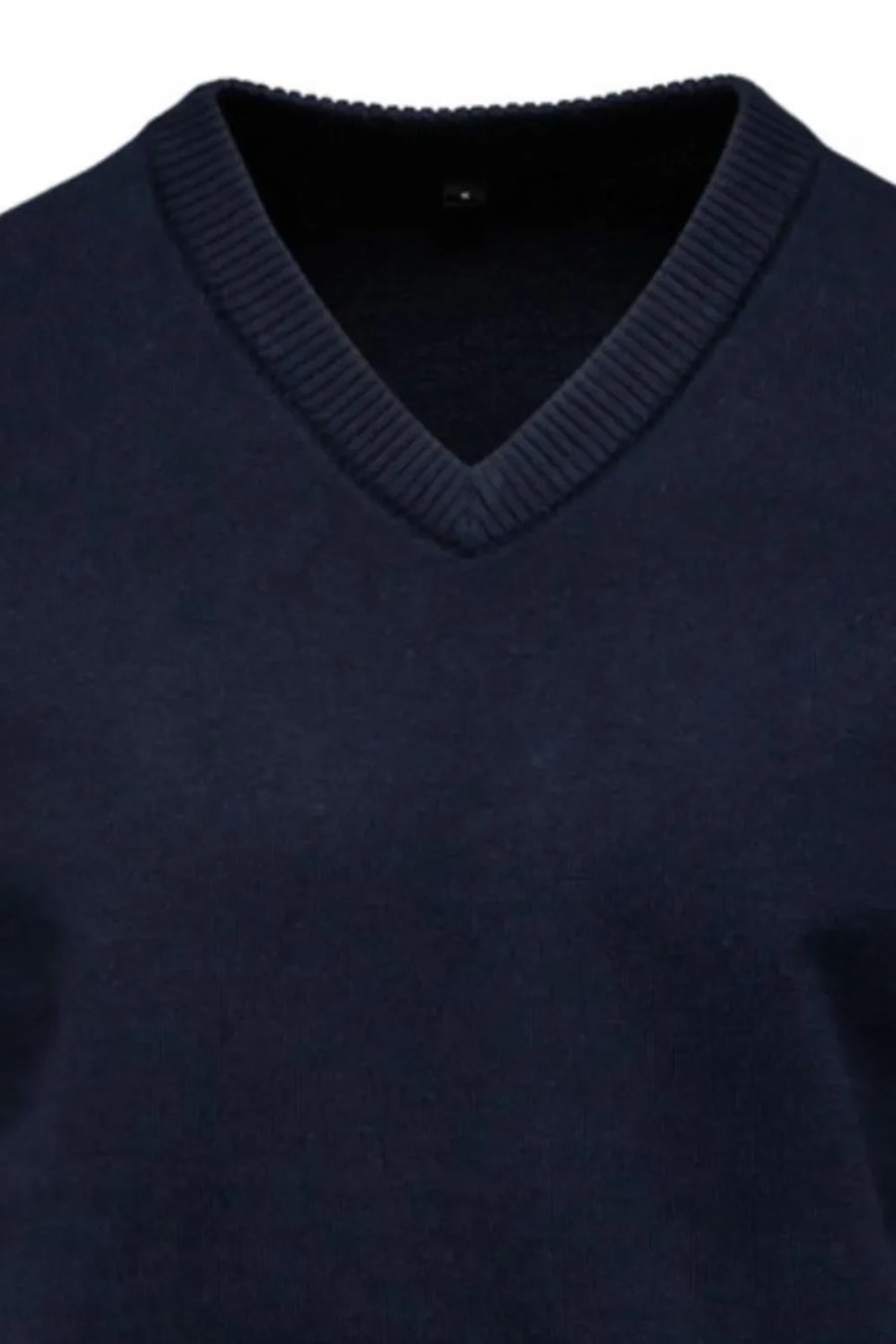 Navy ribbed knit V-neck sweater with ribbed collar detail