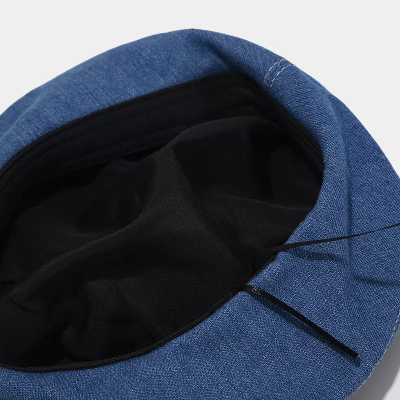 Vintage Style Denim Beret Hat in dark wash denim with visible stitching