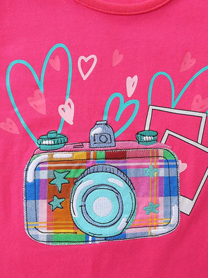 Pink cotton blend toddler set with a playful camera graphic and hearts.