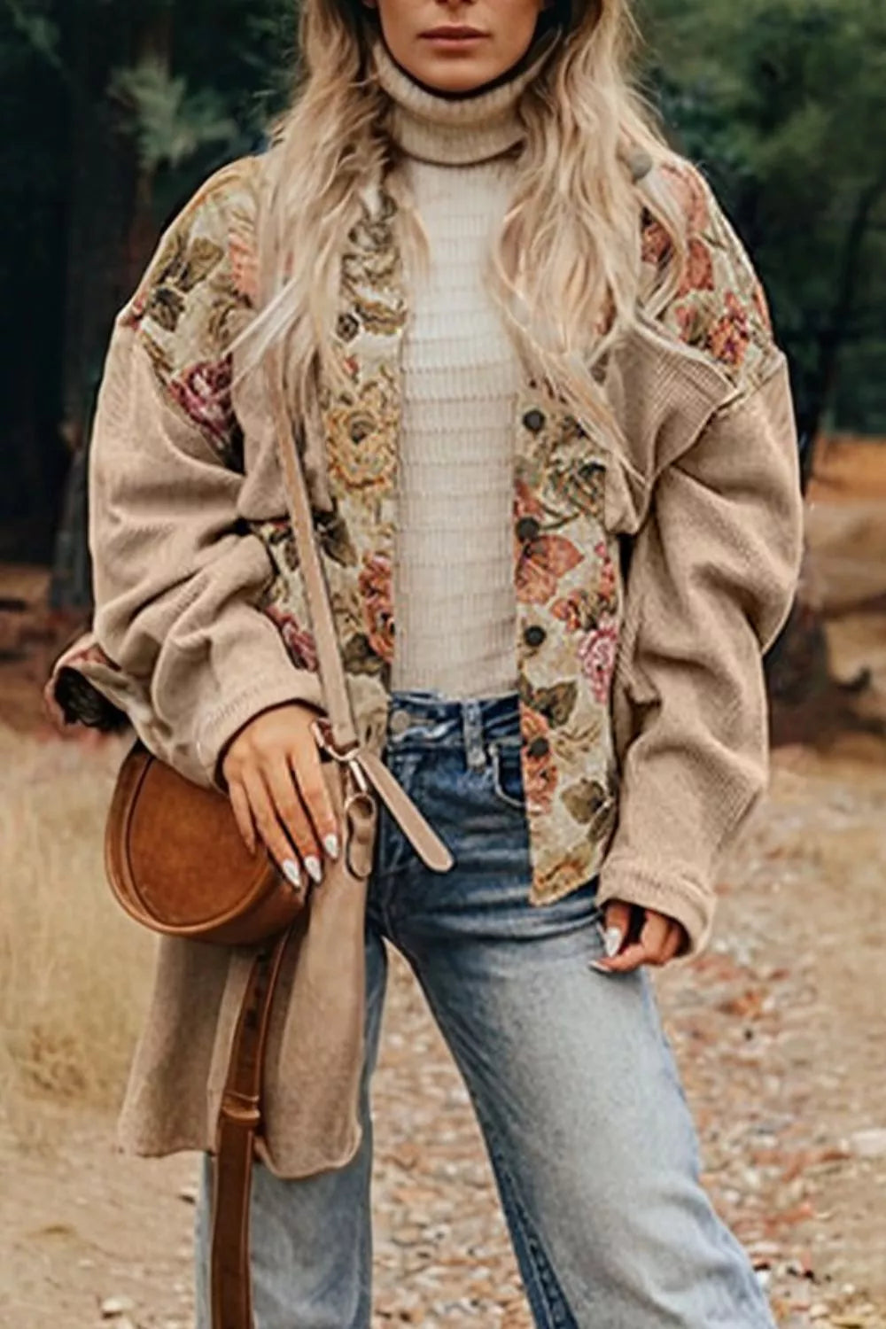 beige shacket with floral and collared