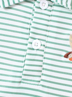 Light green striped cotton polo shirt with embroidered duck detail and white buttons.