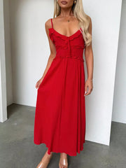 Red ruffled midi dress with spaghetti straps and tie-front neckline