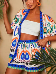 Tropical print cardigan and drawstring shorts set with blue trim
