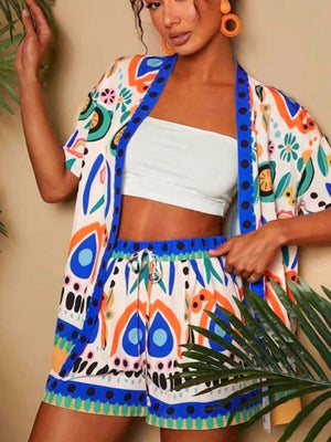 Tropical print cardigan and drawstring shorts set with blue trim