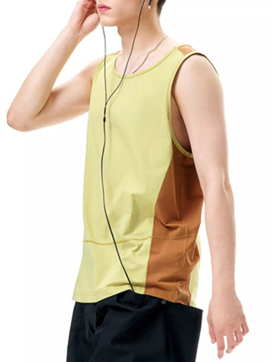 Men's yellow and brown color block tank top with a round neck.