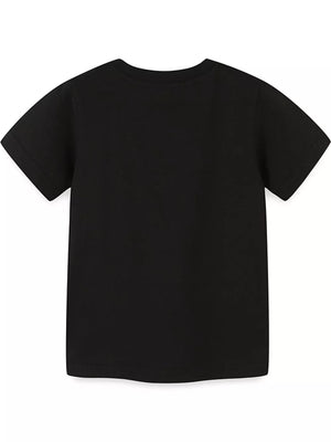 Black cotton toddler t-shirt with short sleeves and crew neck.