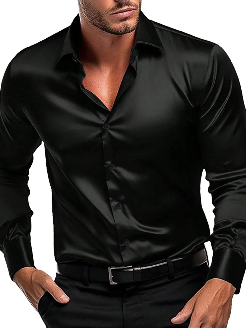 Black satin finish button-down shirt with a classic collar and button cuffs.